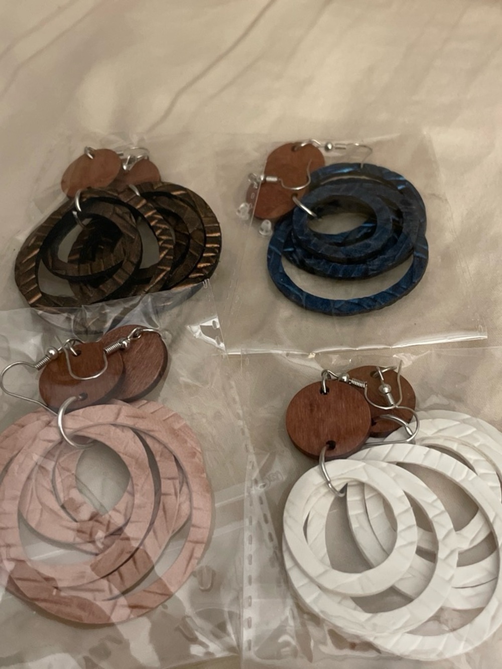 Source Unknown Layered Wooden Hoop Earrings in Blue, Pink, White, Brown 4 pairs